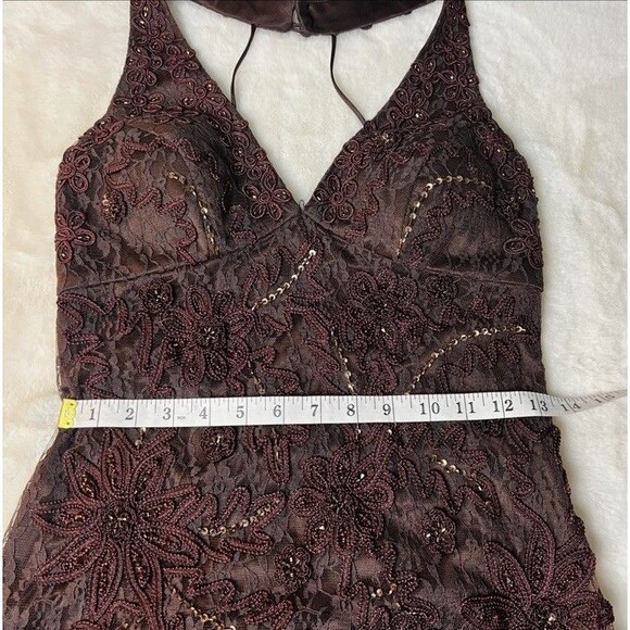 Sue Wong Nocturne Formal Dress Brown Lace Beaded Halter Maxi Size 8 - Picture 16 of 16
